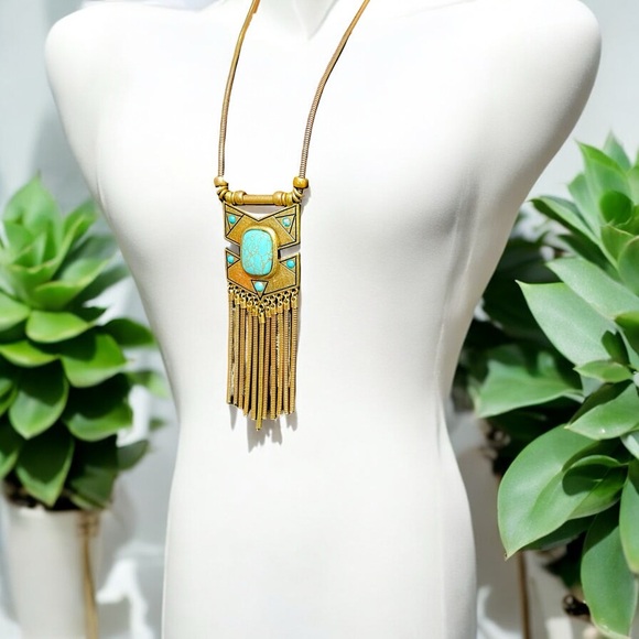 Gold Turquoise Fringe Necklace & Earring Set - Picture 6 of 16